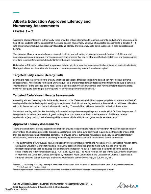 Acadience Alberta Approved Assessments