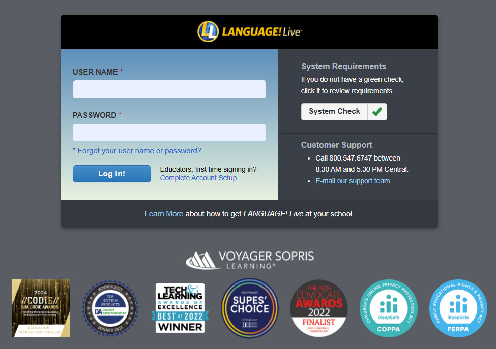 LANGUAGE! Live Start Up Screen
