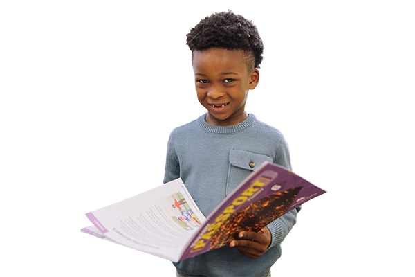 Student holding open book